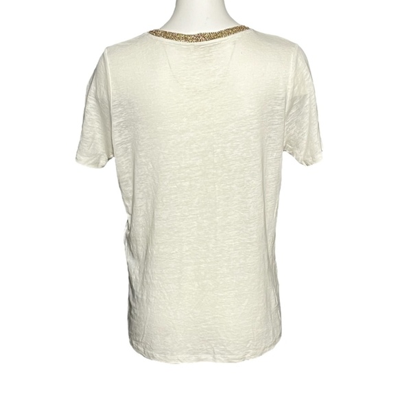 MAJE Tellor Embellished Linen T-Shirt Top Ivory/Cream Gold Trim Size 2 (Medium) - Picture 3 of 9